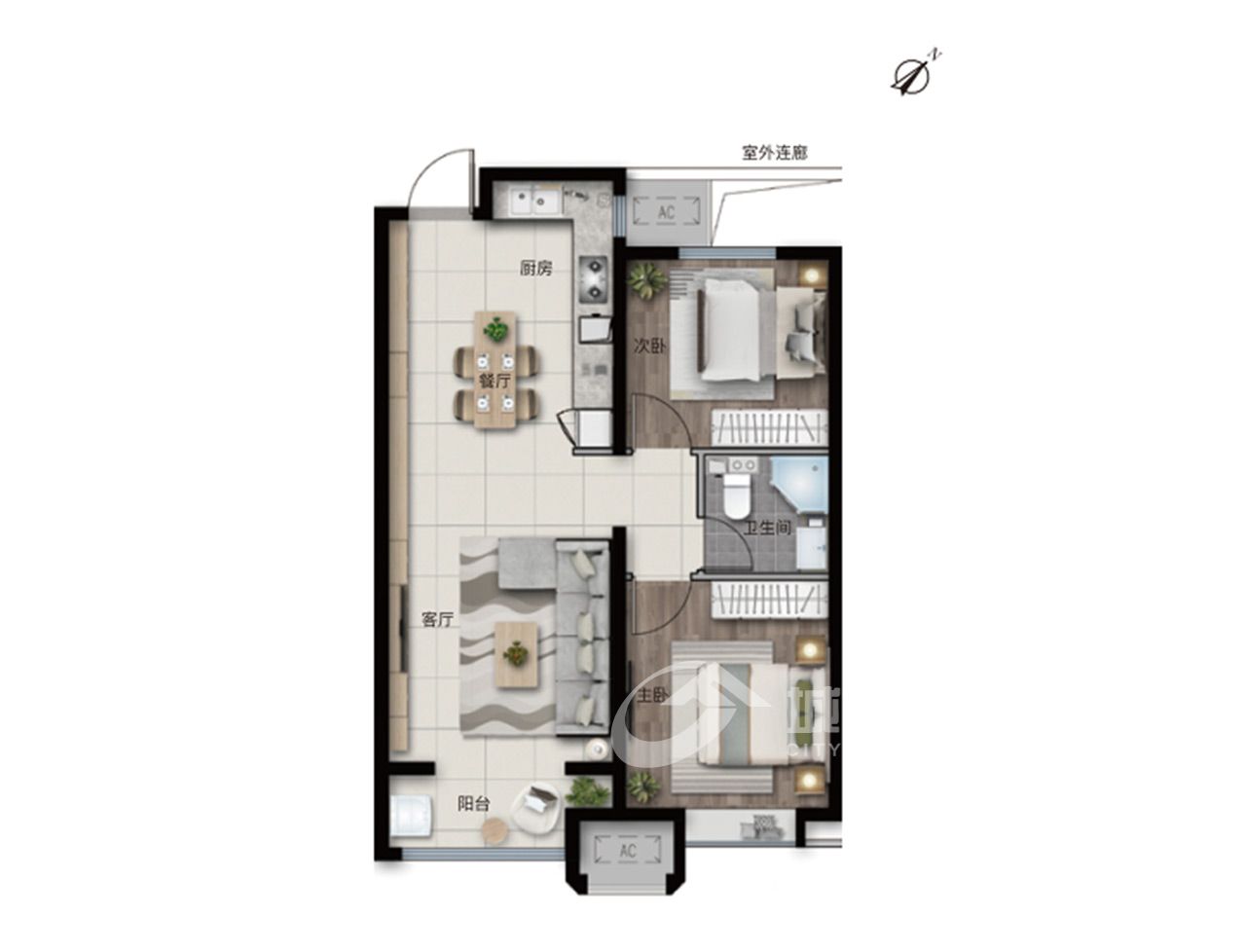 皓顺·琨御两室两厅b1户型户型图_两室两厅b1户型户型设计图-城市人家